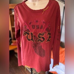 Rusty Red USA Embellished Long Sleeve Tee XL Cotton